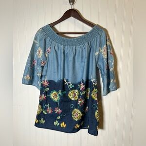 Chambray Floral Embroidered Blouse Womens Size S